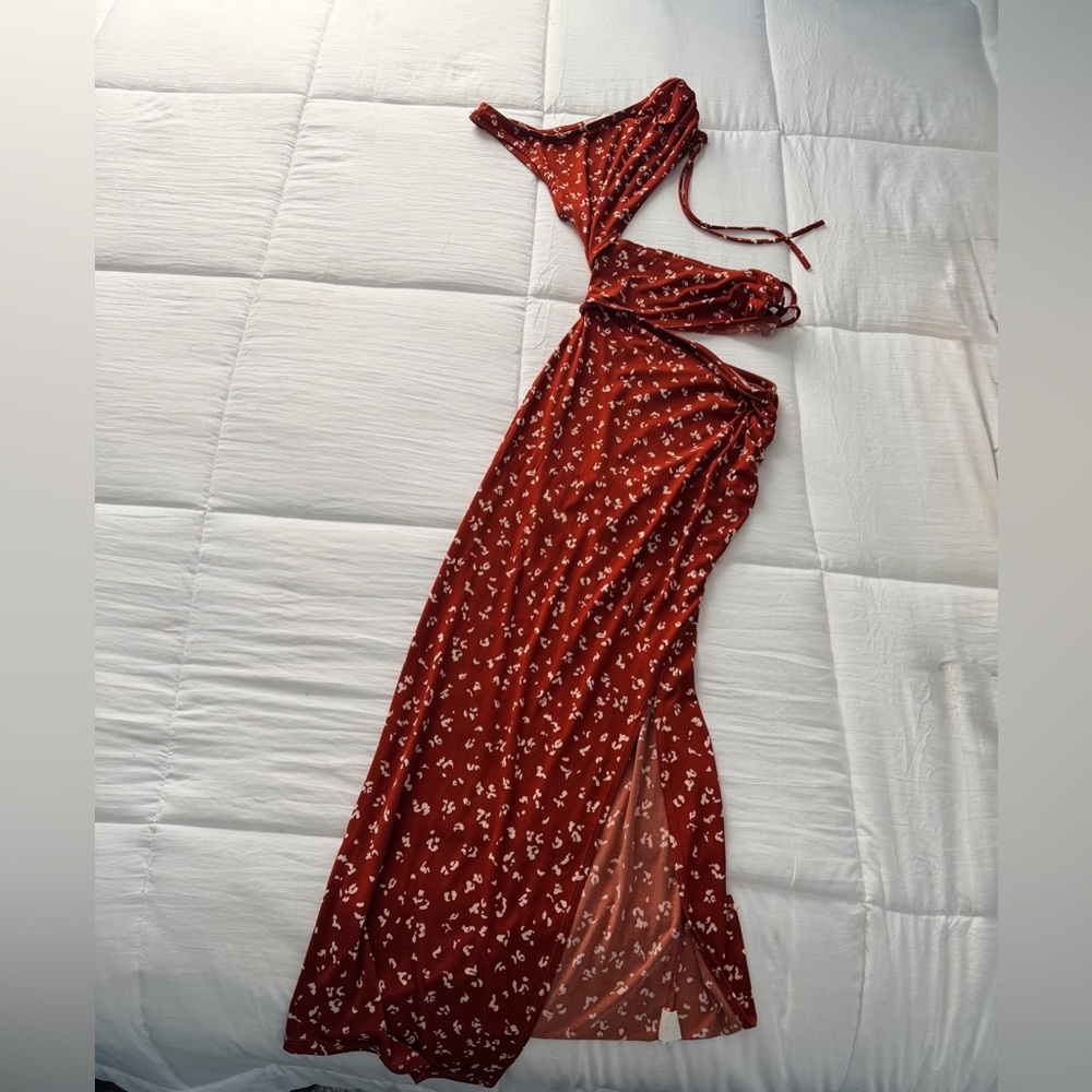 One Shoulder with Cutouts Red Floral Dress